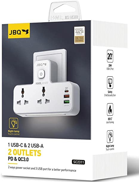 محافظ برق ۲پورت با ۲خروجی USB و۱ خروجی USB-C باچراغ خواب برندJBQ مدل SC2311