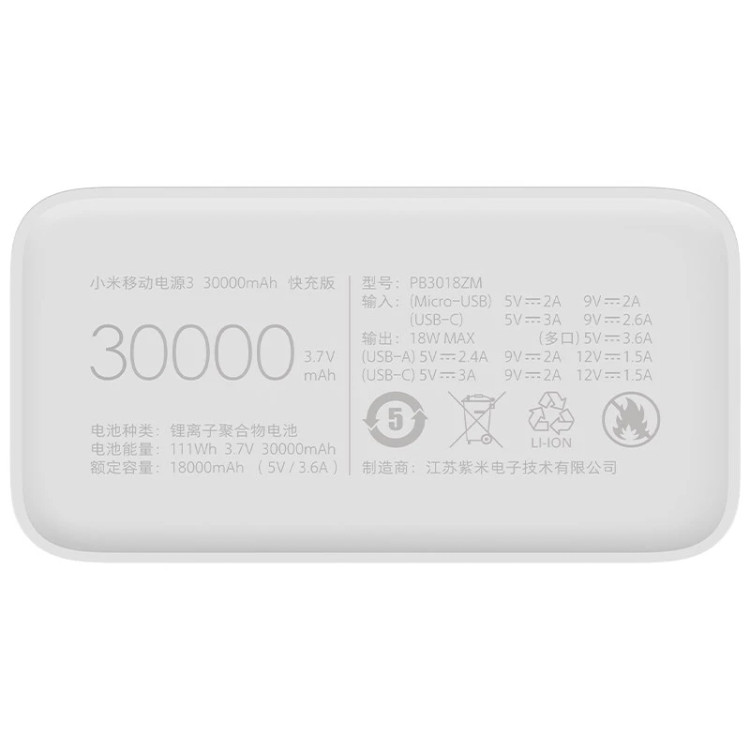 پاوربانک شیائومی فست شارژ مدل Mi PB3018ZM ظرفیت 30000 میلی آمپر ساعت (اورجینال) پک جدید