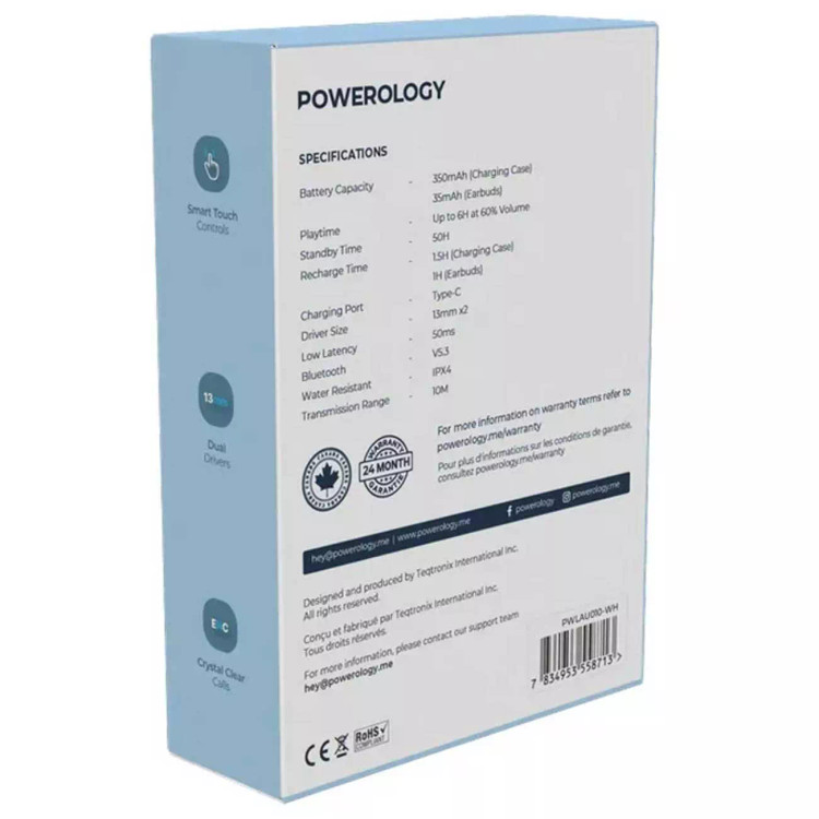 هدفون بی سیم پاورولوژی Powerology 6 Mic Hybrid ANC + ENC Earbuds PWLAU010